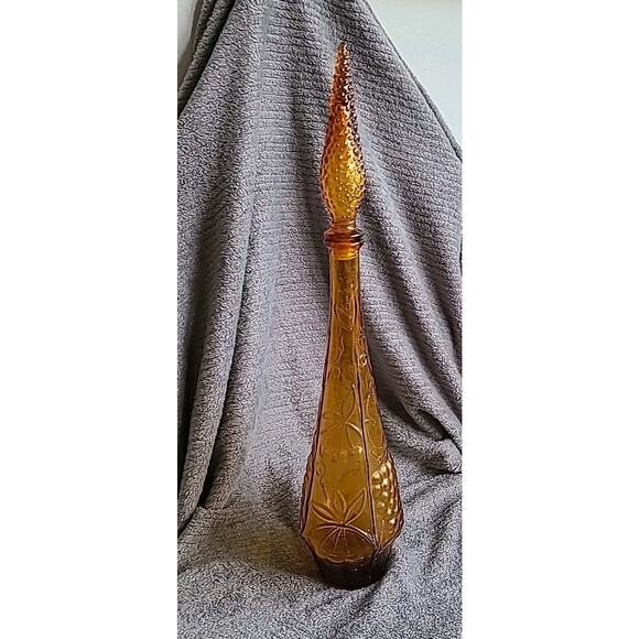 Vintage 23" MCM Empoli Genie Bottle Decanter Amber Grapes w/Hobnail Stopper - Picture 9 of 9